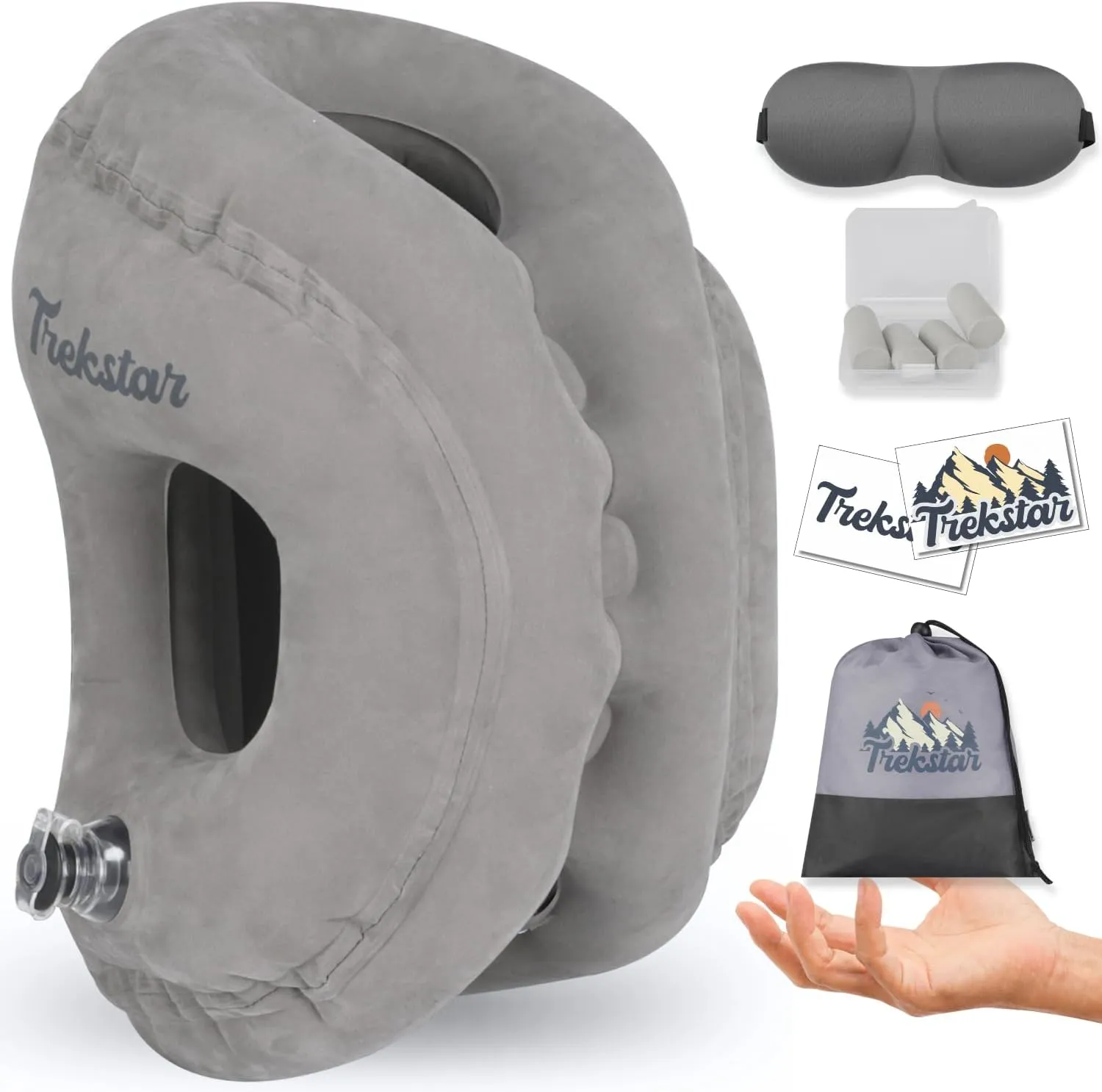 Inflatable Travel Neck Pillow in Drawstring Bag | Ergonomic Design | Supports Head, Back, and Neck Pain | Sleeping Cushion in Airplane/Buses/Office/Cars/Trains with Eye Mask, Earplugs