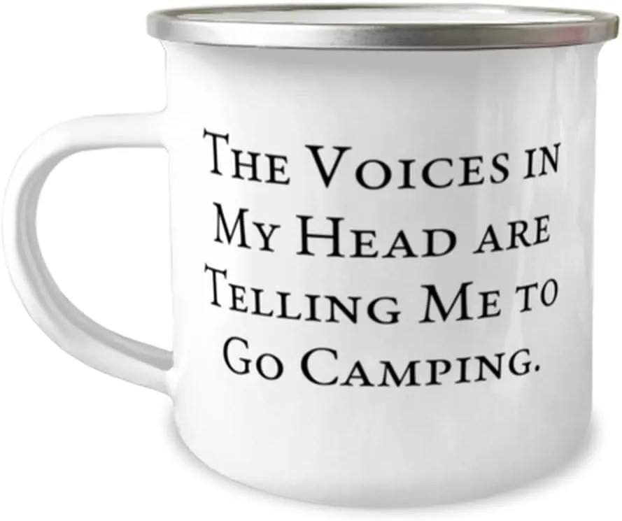 Inspirational Camping Gifts, The Voices in My Head are Telling Me to Go Camping, Useful Birthday 12oz Camper Mug From Men Women, Hiking, Backpacking, Tents, Sleeping bags, Campfires, Smores