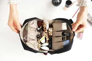 Invite.L Grande Large Capacity Portable Travel Stand Up Cosmetic Bag with Organized Pockets Wide Open Organizer for Makeup Work Essentials Korean Beauty Case (Black)