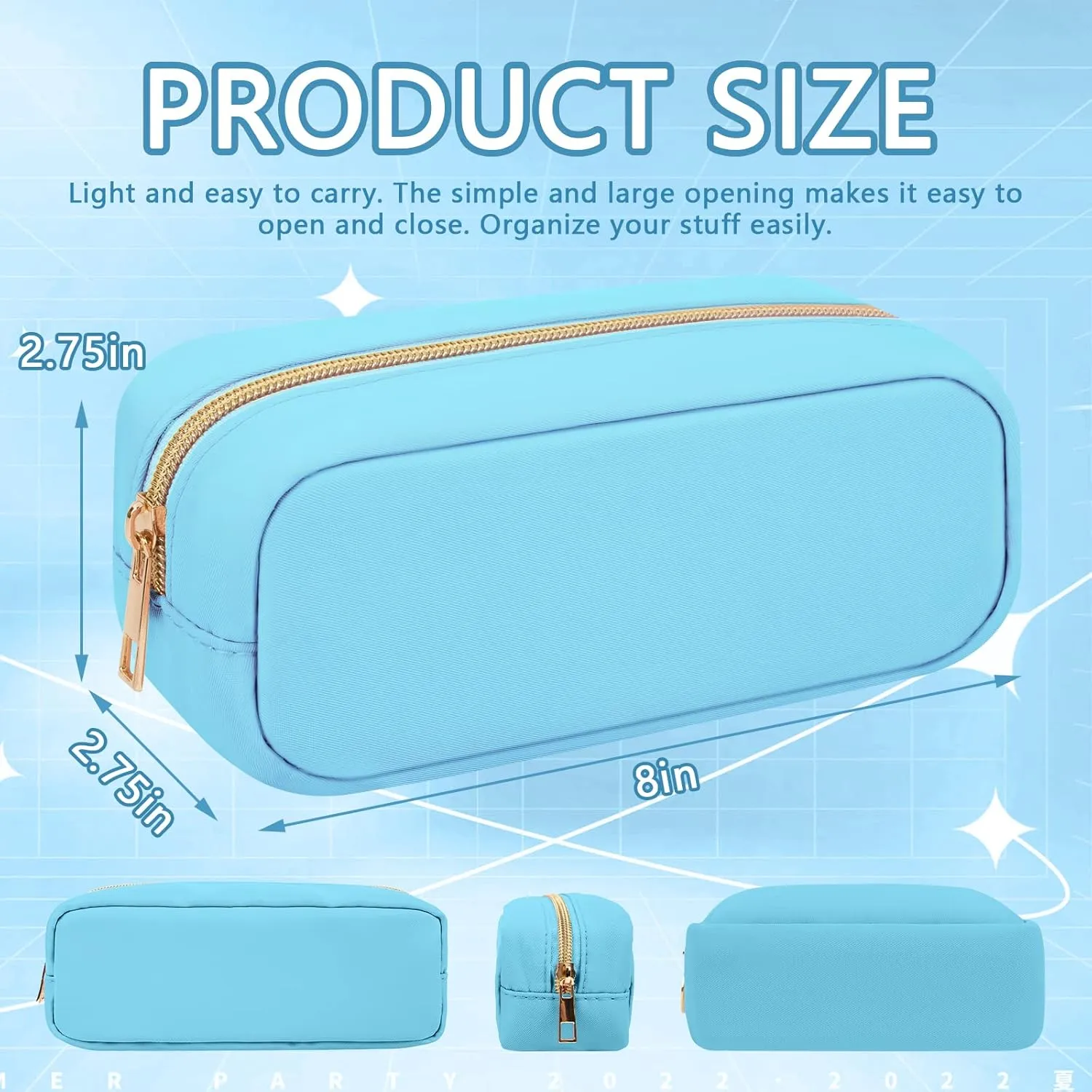 Iqimott Nylon Small Makeup Bag Slim Cosmetic Zipper Pouch, Preppy Brush Compact Make up Pouch Toiletry Bag, Waterproof Purse Travel Coin Storage for Women Girls Teens(Blue),(Slim-NylonMakeupBag-Blue)
