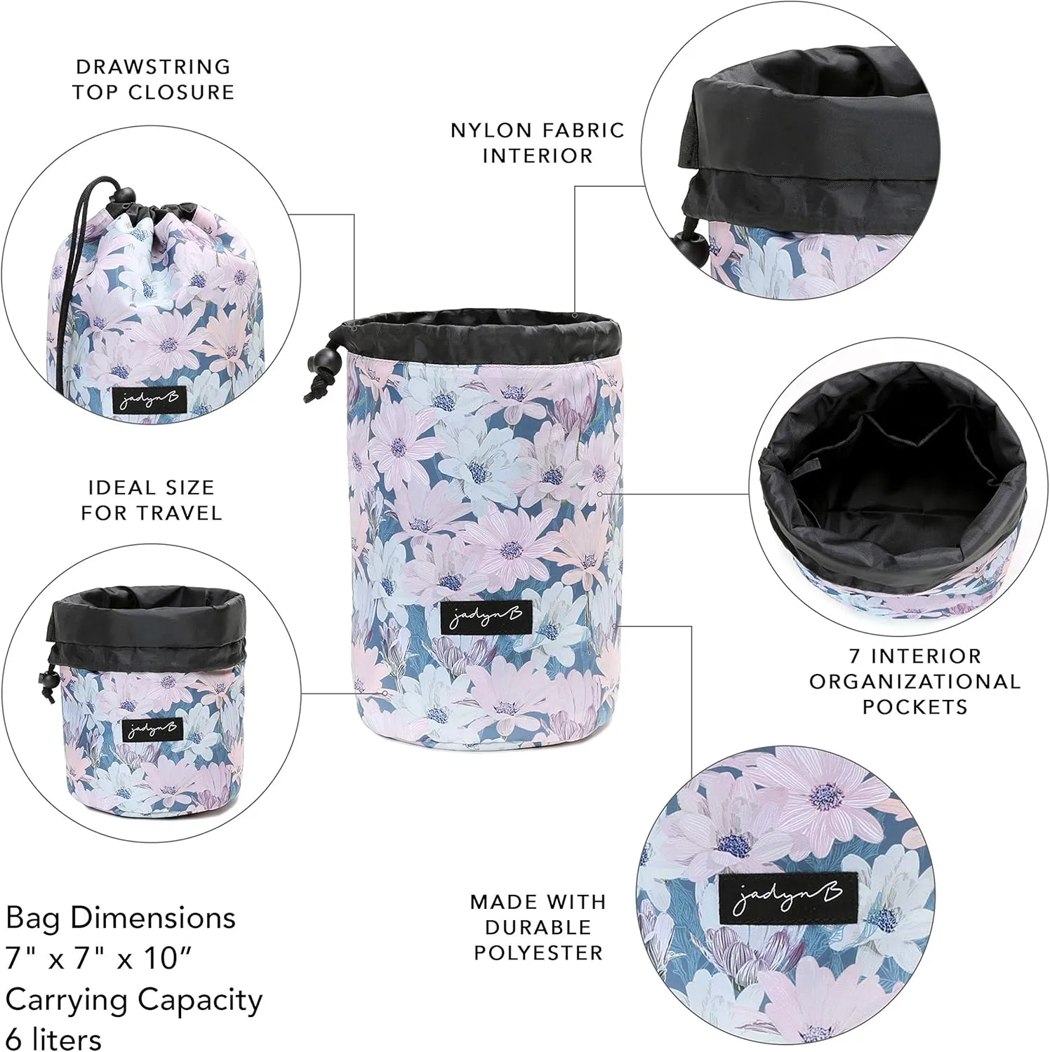 Jadyn Durable Cinch Top Makeup Organizer - Compact Travel Makeup Bag - 7 Interior Pockets for Cosmetics - Drawstring Toiletry Travel Bag for Women - 6L Storage Capacity - (Blooming Daisy)