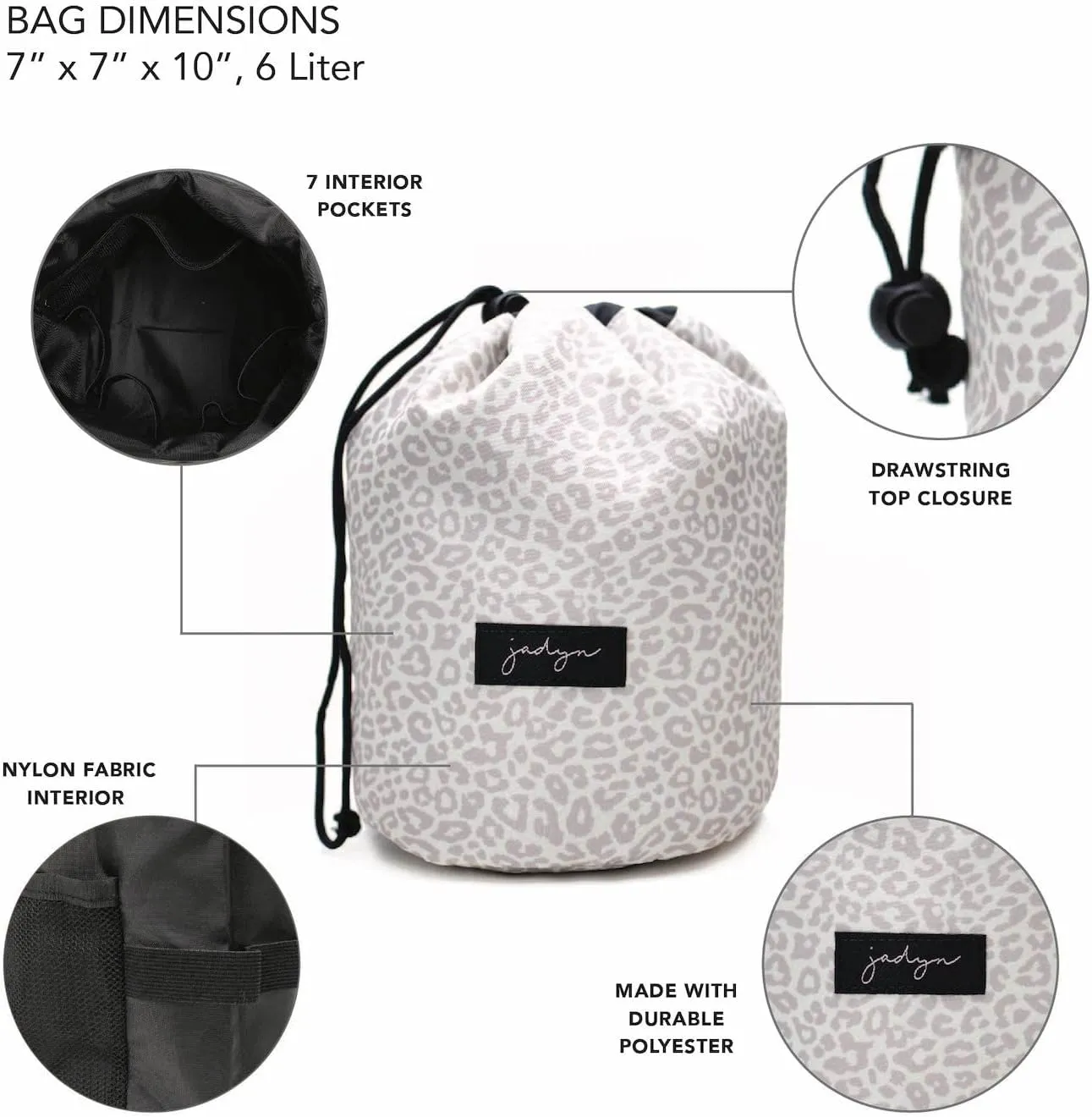 Jadyn Durable Cinch Top Makeup Organizer - Compact Travel Makeup Bag - 7 Interior Pockets for Cosmetics - Drawstring Toiletry Travel Bag for Women - 6L Storage Capacity - (Desert Leopard)