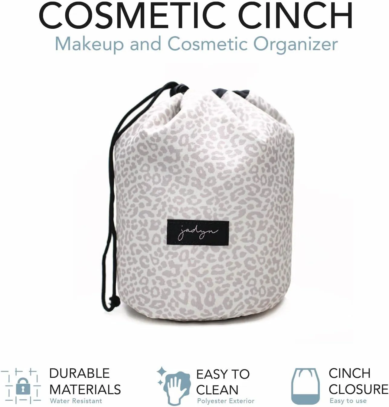 Jadyn Durable Cinch Top Makeup Organizer - Compact Travel Makeup Bag - 7 Interior Pockets for Cosmetics - Drawstring Toiletry Travel Bag for Women - 6L Storage Capacity - (Desert Leopard)