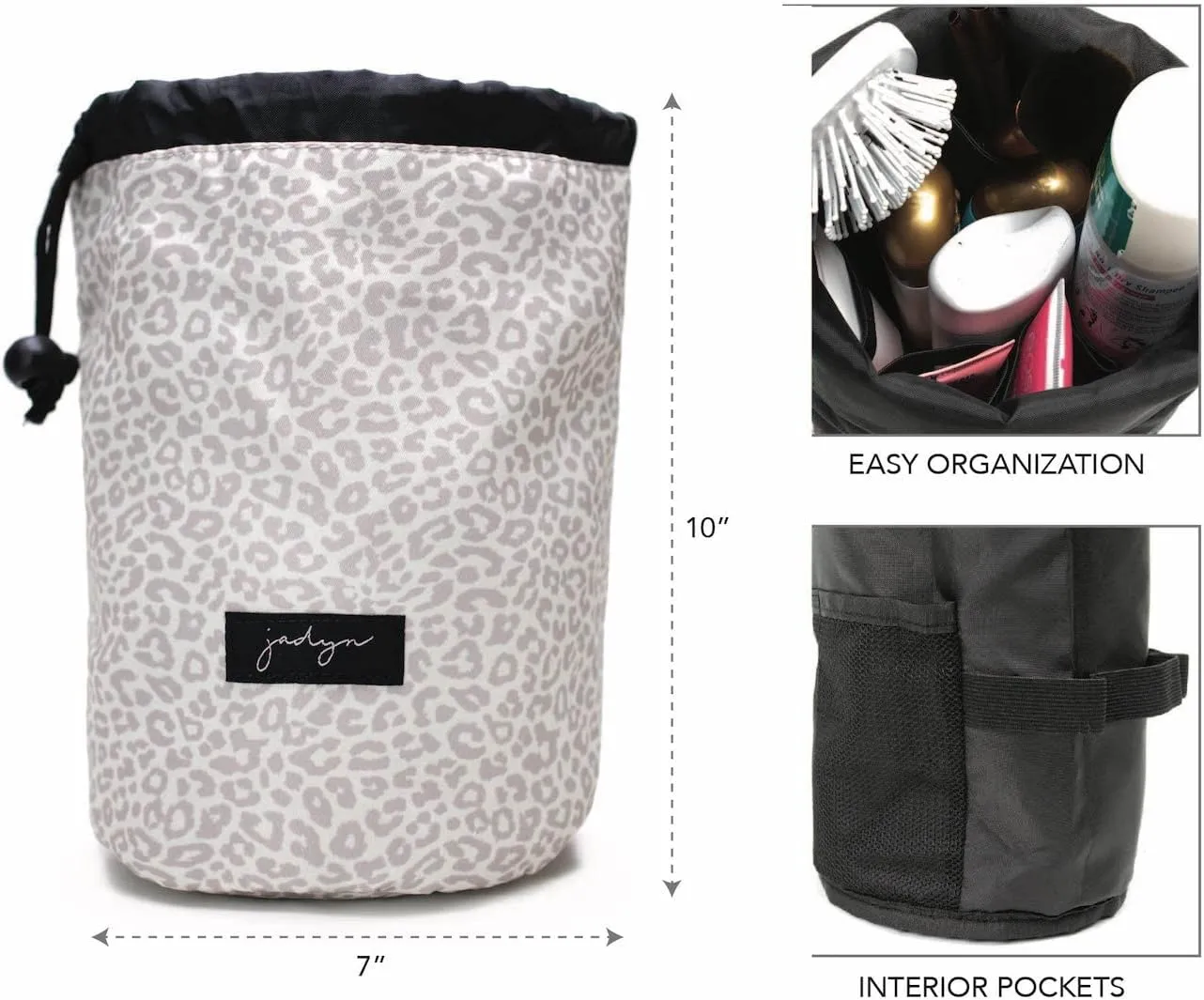 Jadyn Durable Cinch Top Makeup Organizer - Compact Travel Makeup Bag - 7 Interior Pockets for Cosmetics - Drawstring Toiletry Travel Bag for Women - 6L Storage Capacity - (Desert Leopard)