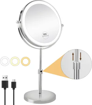 JANEEVA 10X Lighted Makeup Mirror with 3 Color Lights, 8" Dimmable Lights Height Adjustable Vanity Mirror with Lights, Rechargeable Double Sided 1X 10X Magnifying Mirror, 360°Rotating Mirror,Chrome