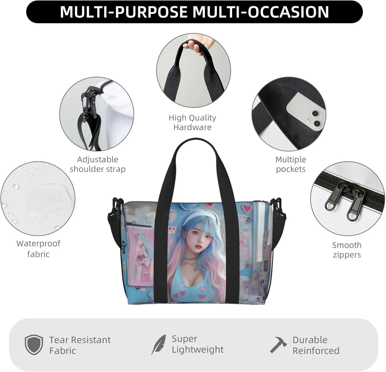 Japanese girl print Travel Duffel Bag, Sports Tote Gym Bag, Swim Pool Bag Large Shoulder Tote Bag for Beach Weekender