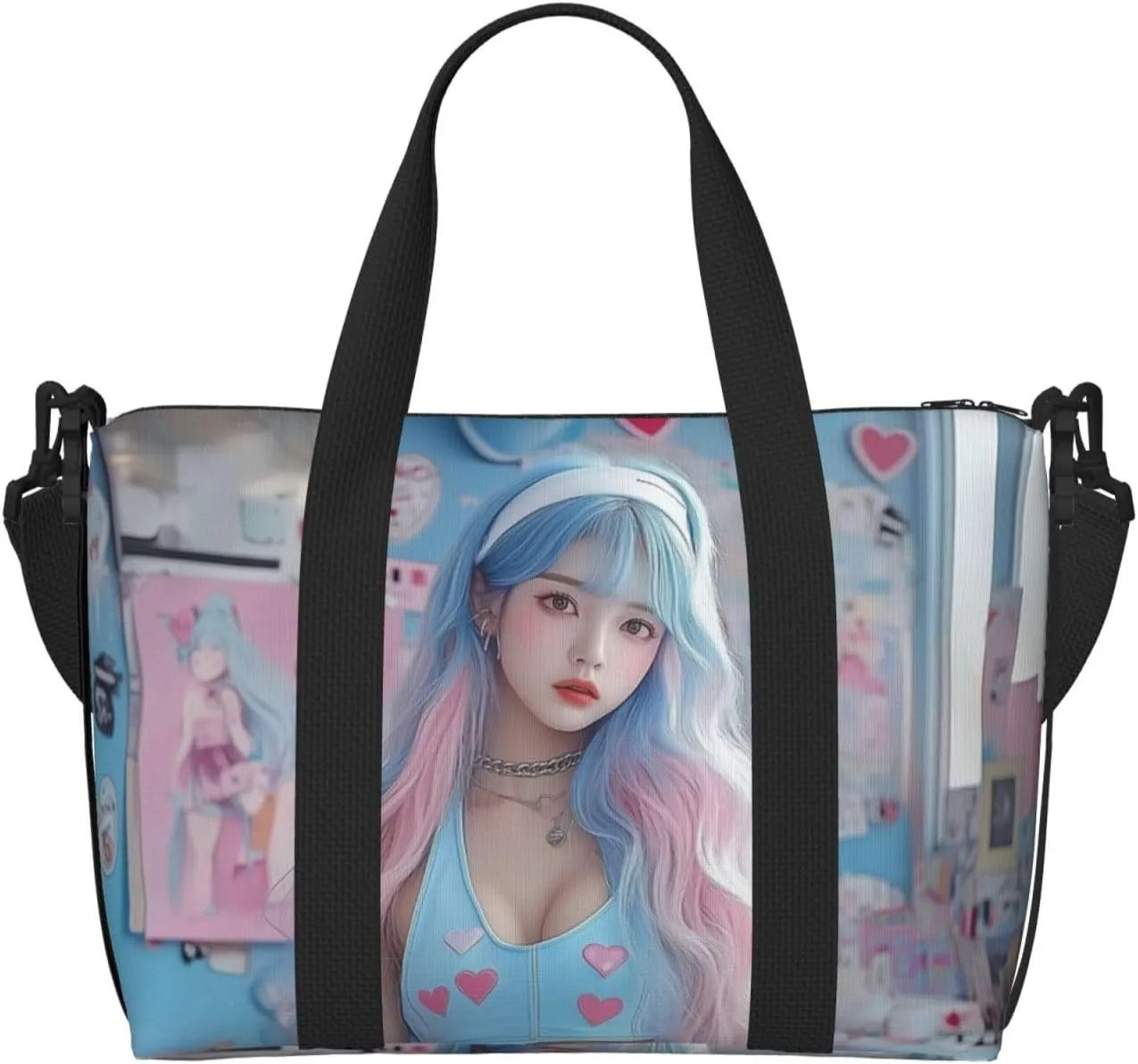 Japanese girl print Travel Duffel Bag, Sports Tote Gym Bag, Swim Pool Bag Large Shoulder Tote Bag for Beach Weekender