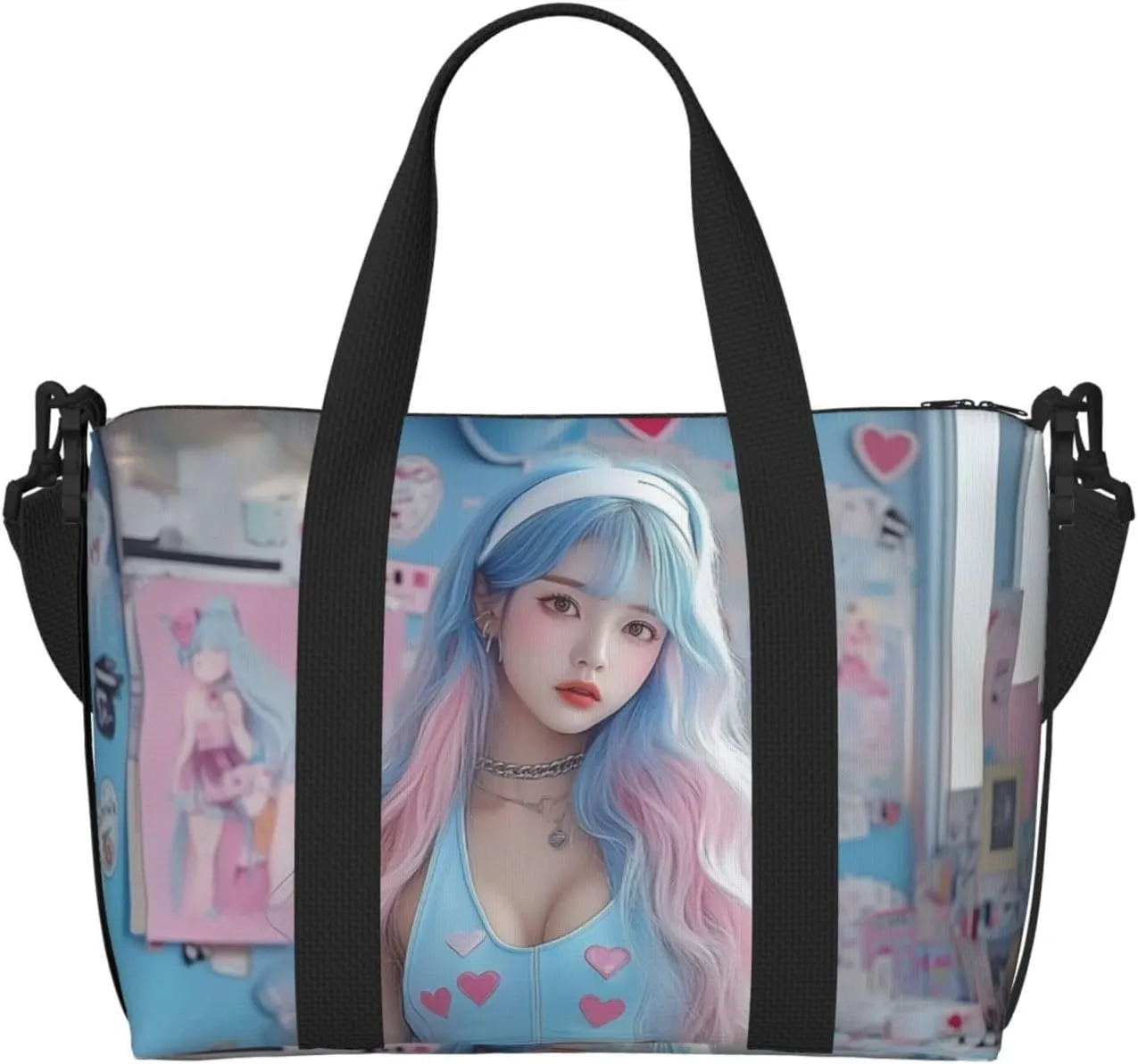 Japanese girl print Travel Duffel Bag, Sports Tote Gym Bag, Swim Pool Bag Large Shoulder Tote Bag for Beach Weekender