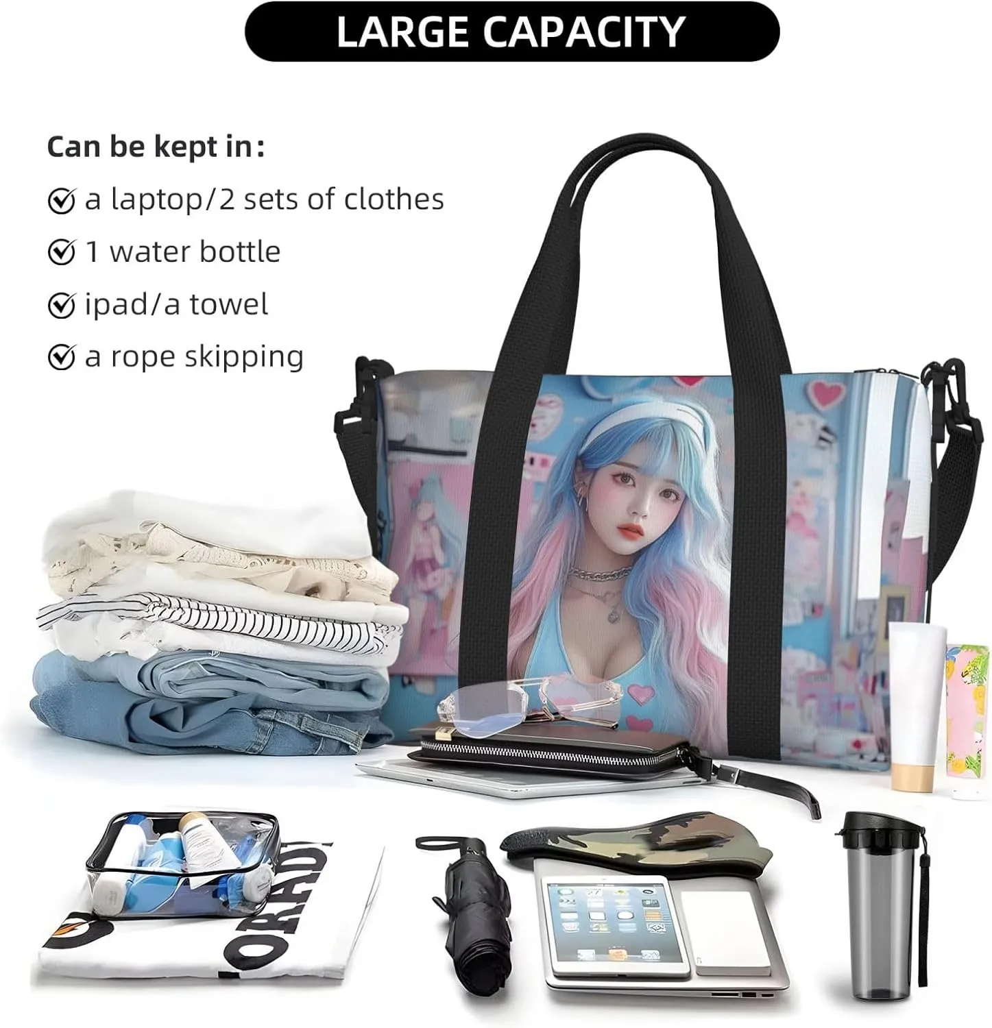 Japanese girl print Travel Duffel Bag, Sports Tote Gym Bag, Swim Pool Bag Large Shoulder Tote Bag for Beach Weekender