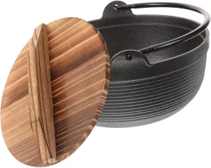 Japanese Iron Soup Cooking Pot Non Stick Thickened Multi Use Pot with Wooden Lid for Outdoor Camping and Home Cooking