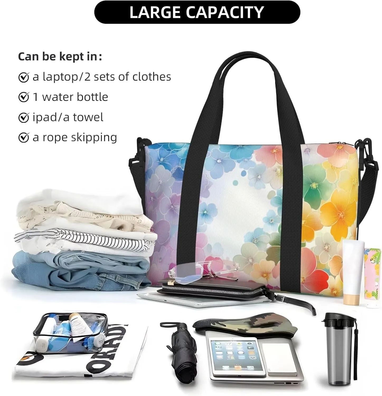 Japanese style flower print Travel Duffel Bag, Sports Tote Gym Bag, Swim Pool Bag Large Shoulder Tote Bag for Beach Weekender