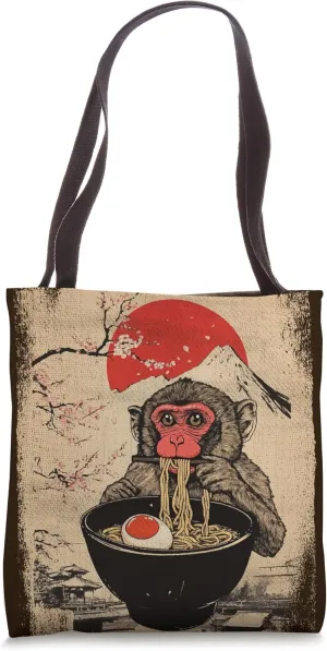 Japanese Woodblock Graphic Macaque Eating Ramen Monkey Lover Tote Bag