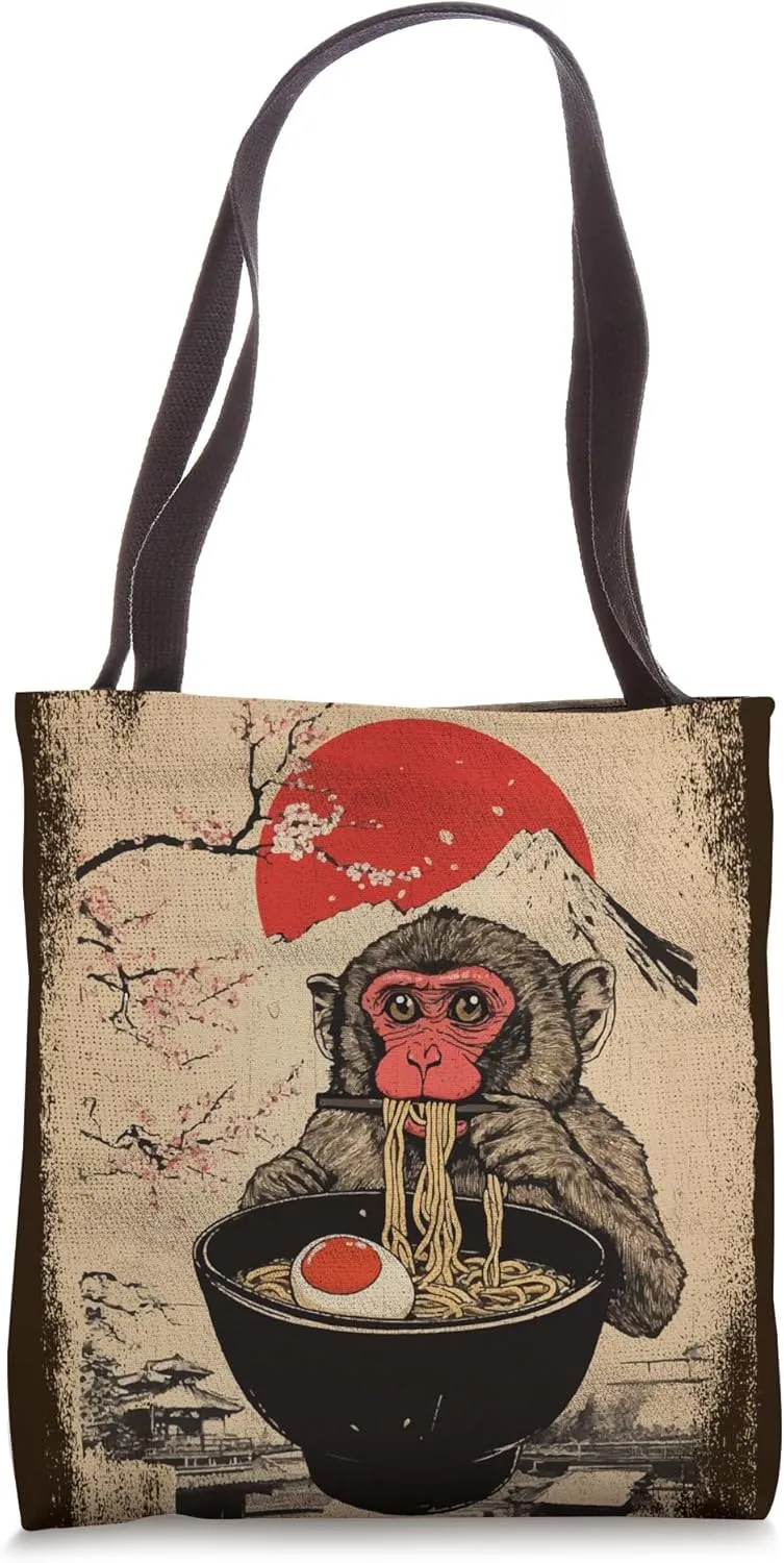 Japanese Woodblock Graphic Macaque Eating Ramen Monkey Lover Tote Bag