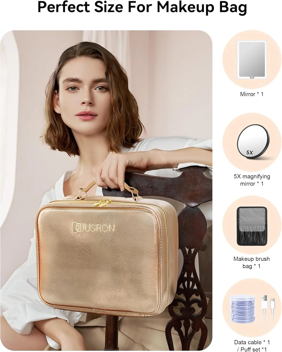 JUSRON Travel Makeup Bag With LED Mirror, Cosmetic Train Case with Light up Mirror, Portable Makeup Artist Organizer Bag with Adjustable Dividers, Makeup Brush Holder Storage (Rose Gold, Large)
