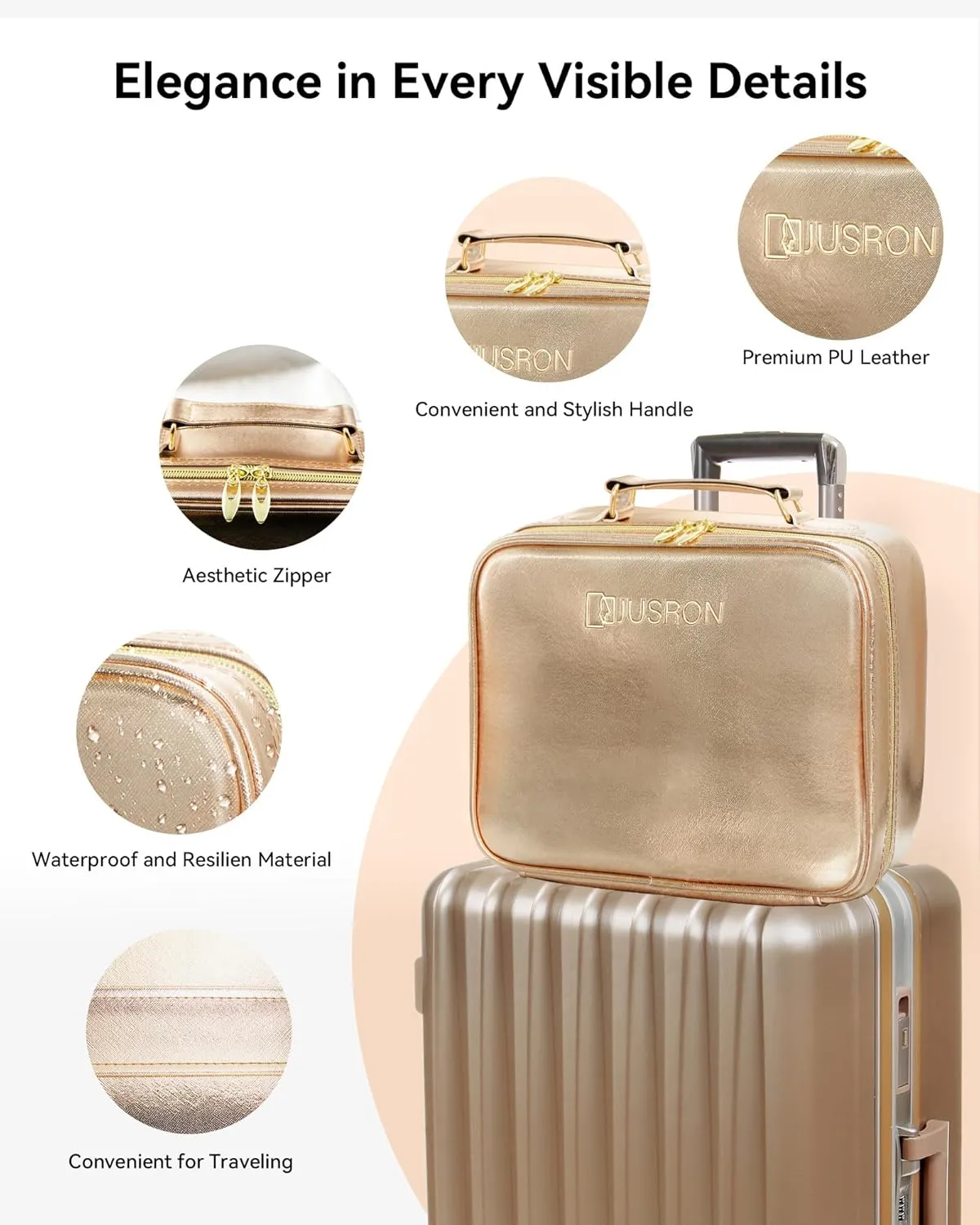 JUSRON Travel Makeup Bag With LED Mirror, Cosmetic Train Case with Light up Mirror, Portable Makeup Artist Organizer Bag with Adjustable Dividers, Makeup Brush Holder Storage (Rose Gold, Large)