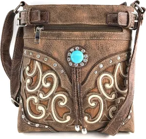 Justin West Tooled Gleaming Turquoise Stone Floral Laser Cut Rhinestone Messenger Bag Purse with Long Cross Body Strap