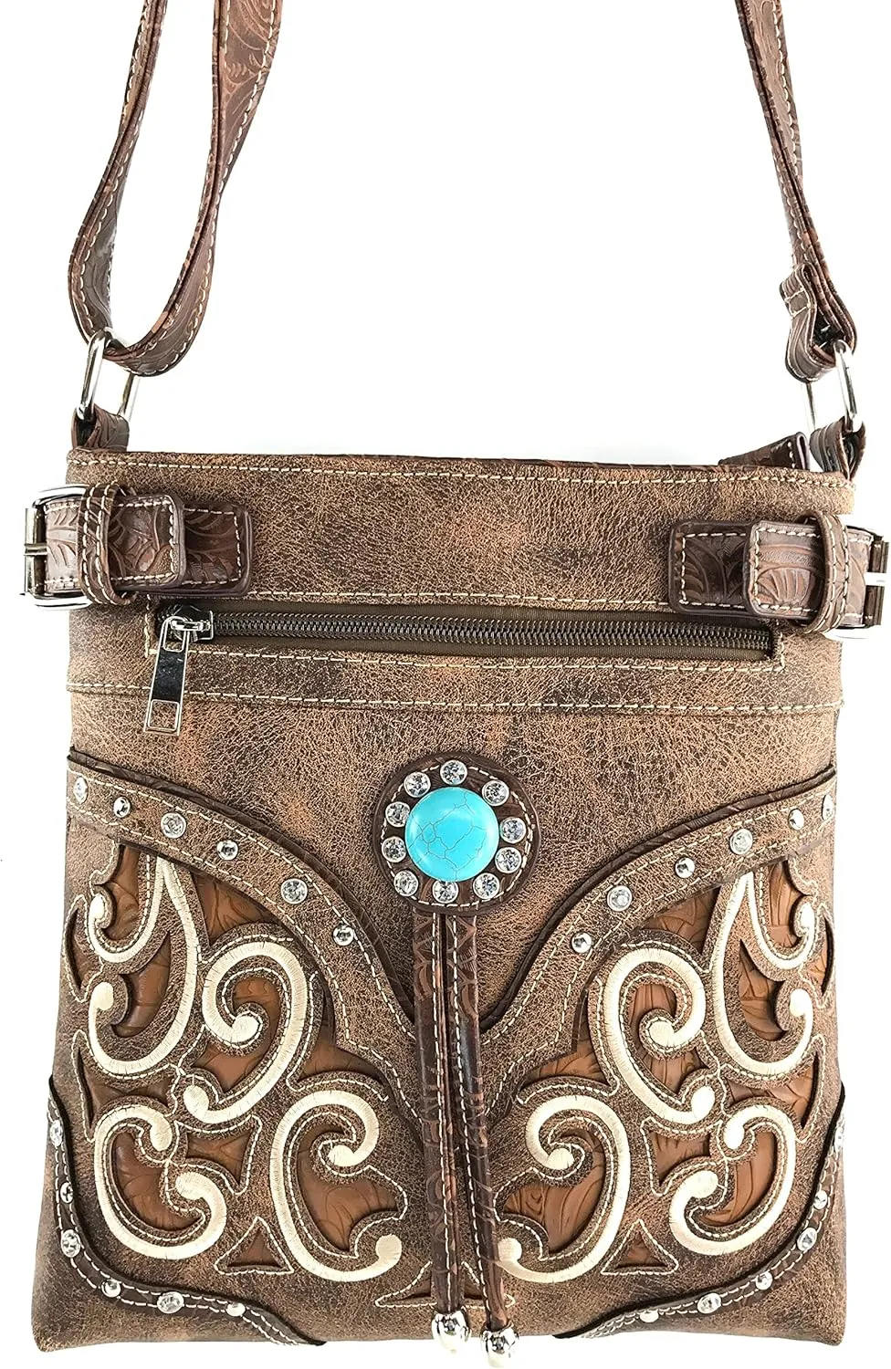 Justin West Tooled Gleaming Turquoise Stone Floral Laser Cut Rhinestone Messenger Bag Purse with Long Cross Body Strap
