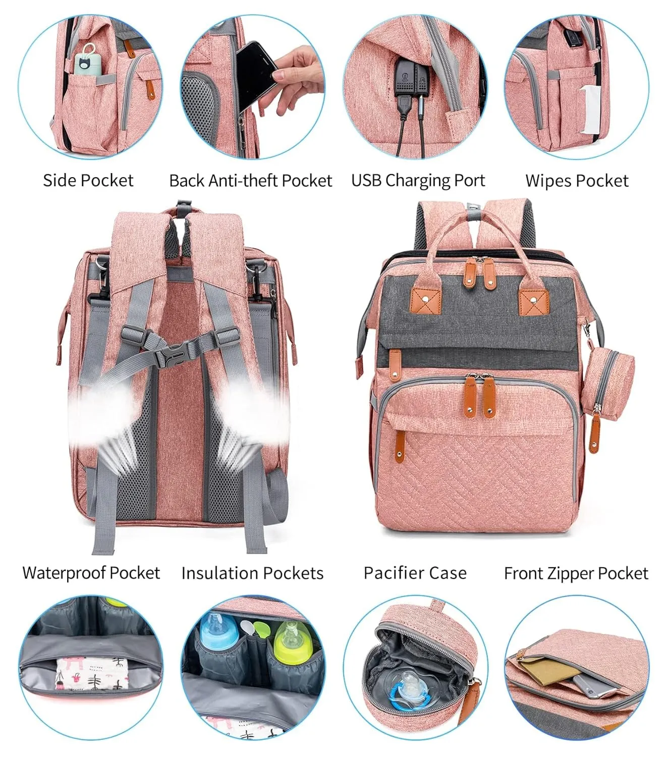 KABAQOO Diaper Bag Backpack, Large Baby Diaper Bags for Boys Girls, Baby Bag with USB Charging Port, Multifunction Waterproof Travel Back Pack for Moms Dads, Pink Grey