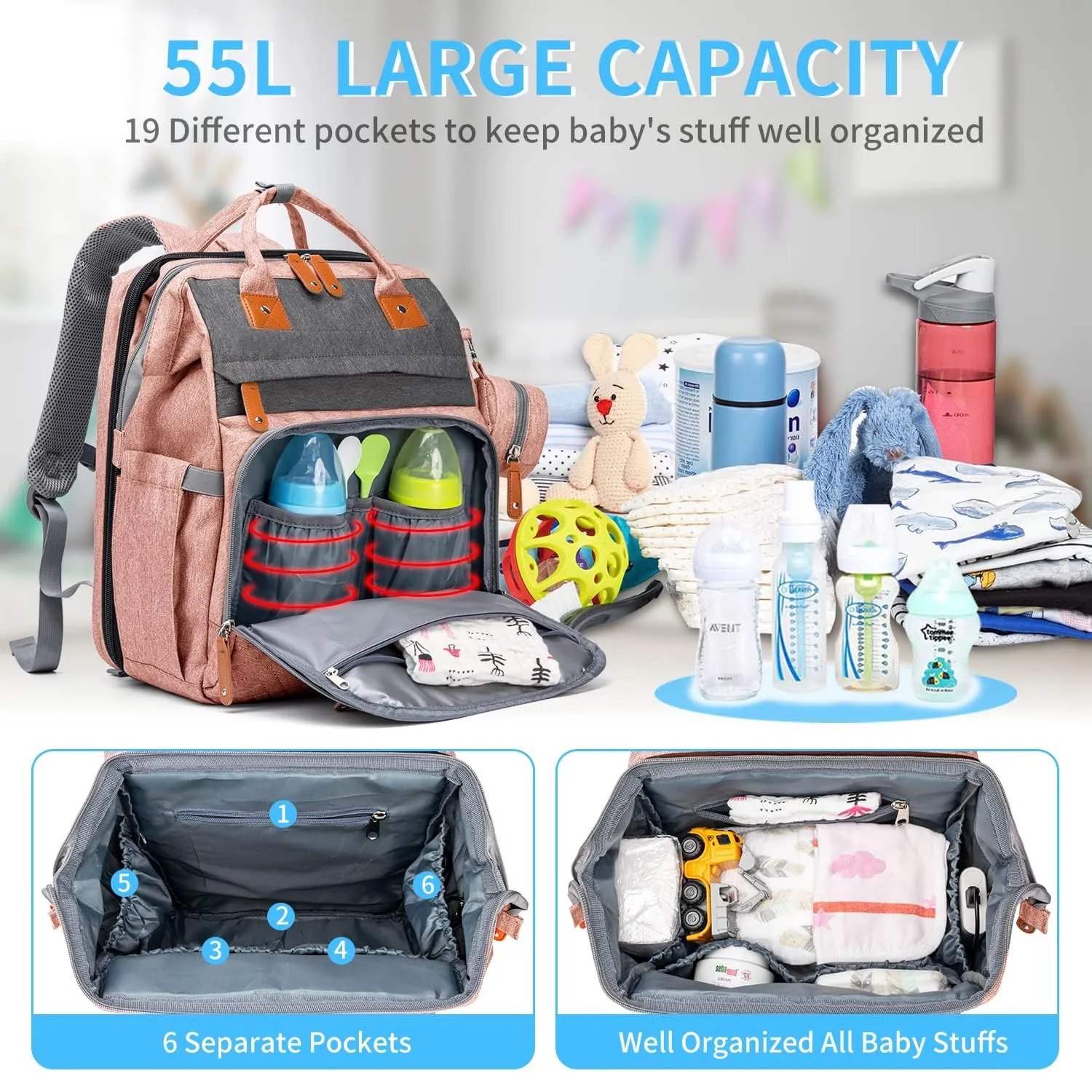 KABAQOO Diaper Bag Backpack, Large Baby Diaper Bags for Boys Girls, Baby Bag with USB Charging Port, Multifunction Waterproof Travel Back Pack for Moms Dads, Pink Grey