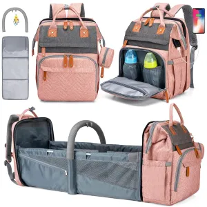 KABAQOO Diaper Bag Backpack, Large Baby Diaper Bags for Boys Girls, Baby Bag with USB Charging Port, Multifunction Waterproof Travel Back Pack for Moms Dads, Pink Grey