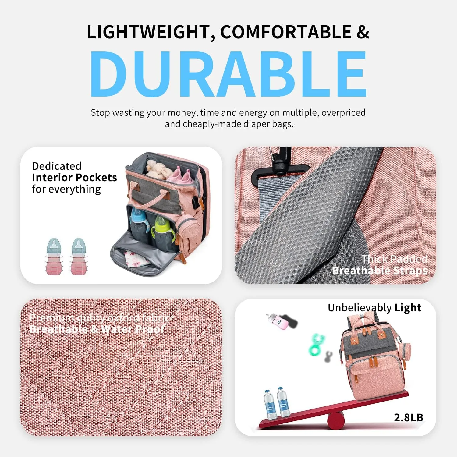 KABAQOO Diaper Bag Backpack, Large Baby Diaper Bags for Boys Girls, Baby Bag with USB Charging Port, Multifunction Waterproof Travel Back Pack for Moms Dads, Pink Grey