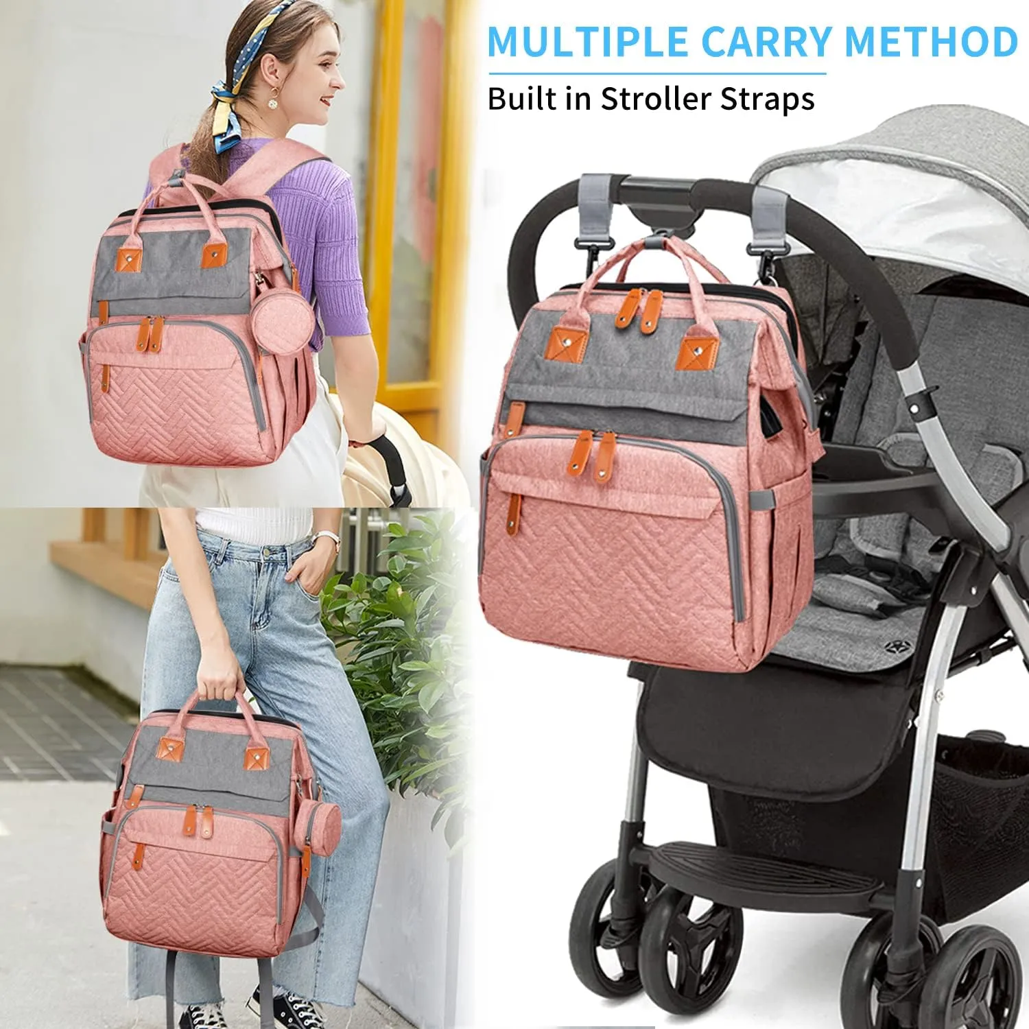 KABAQOO Diaper Bag Backpack, Large Baby Diaper Bags for Boys Girls, Baby Bag with USB Charging Port, Multifunction Waterproof Travel Back Pack for Moms Dads, Pink Grey
