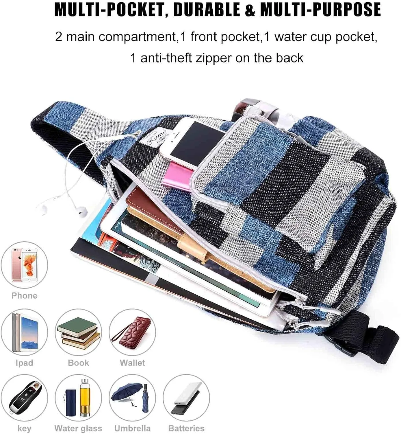 Kamo Sling Backpack Chest Shoulder Bag Crossbody Cycling Travel Hiking Daypack for Men Women With Earphone Hole