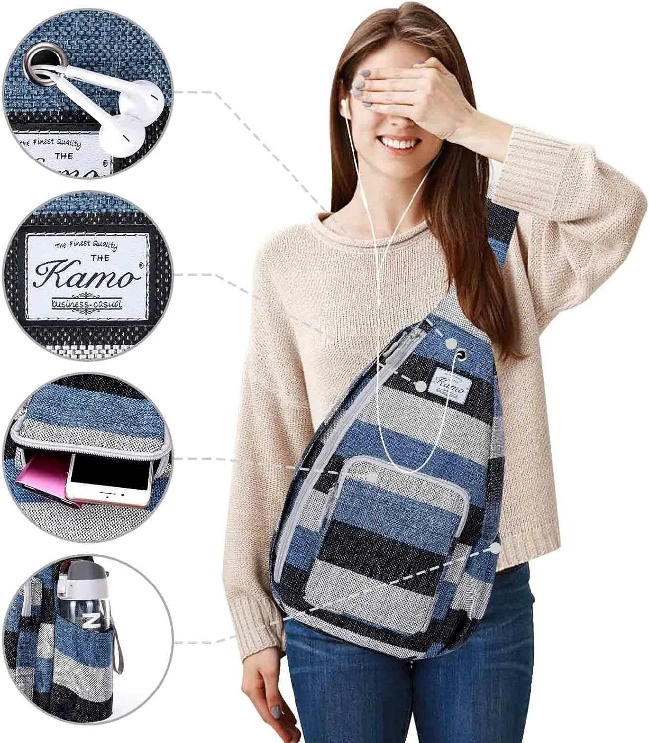 Kamo Sling Backpack Chest Shoulder Bag Crossbody Cycling Travel Hiking Daypack for Men Women With Earphone Hole