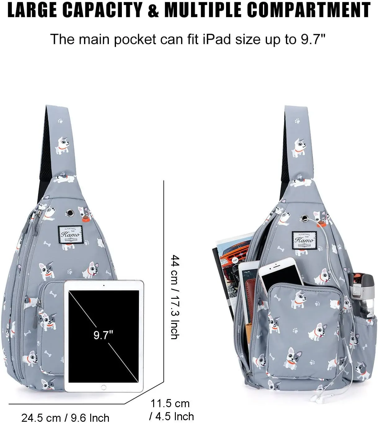 Kamo Sling Backpack Chest Shoulder Bag Crossbody Cycling Travel Hiking Daypack for Men Women With Earphone Hole