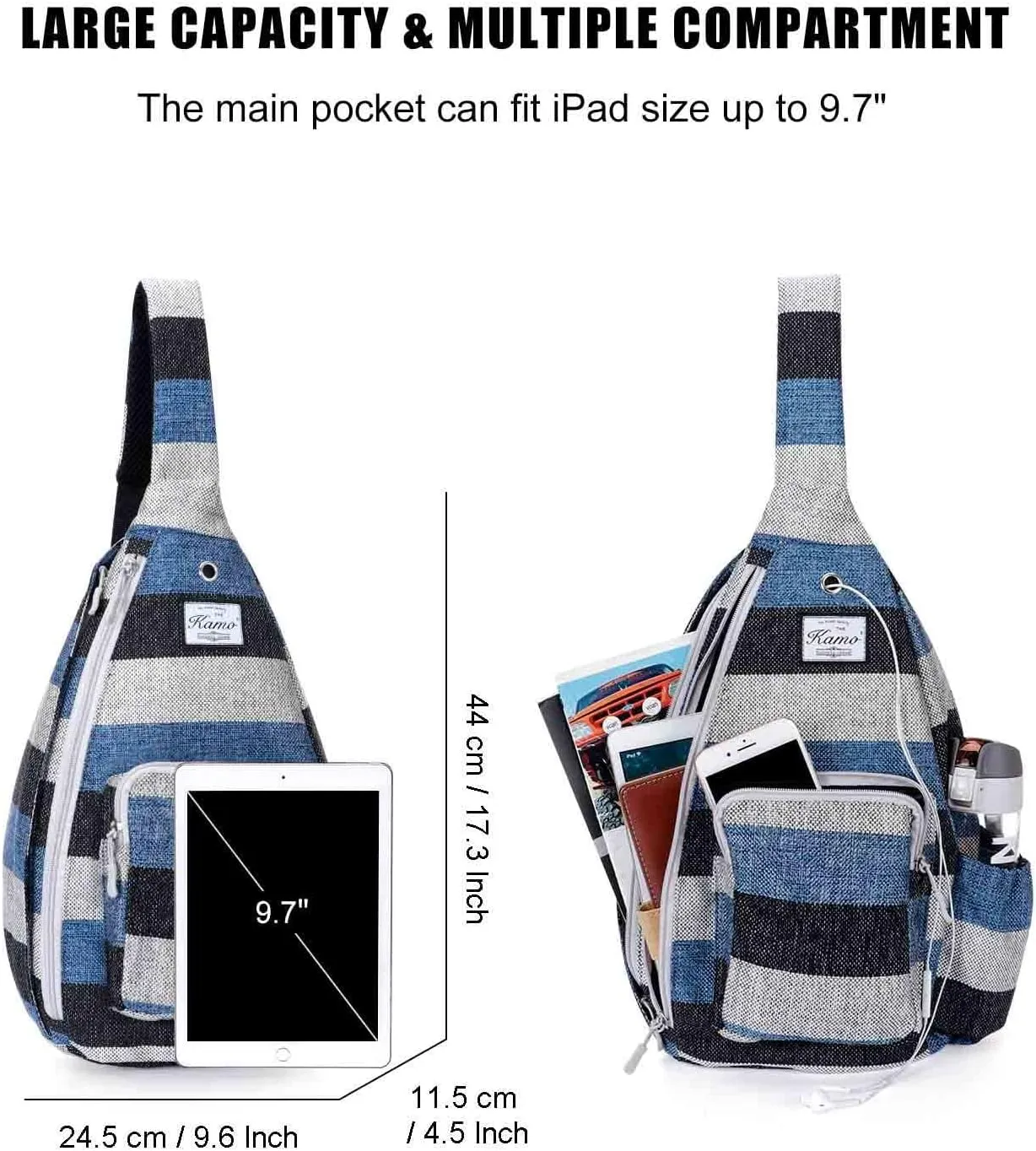Kamo Sling Backpack Chest Shoulder Bag Crossbody Cycling Travel Hiking Daypack for Men Women With Earphone Hole