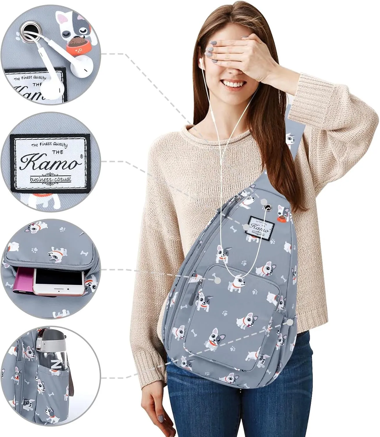 Kamo Sling Backpack Chest Shoulder Bag Crossbody Cycling Travel Hiking Daypack for Men Women With Earphone Hole