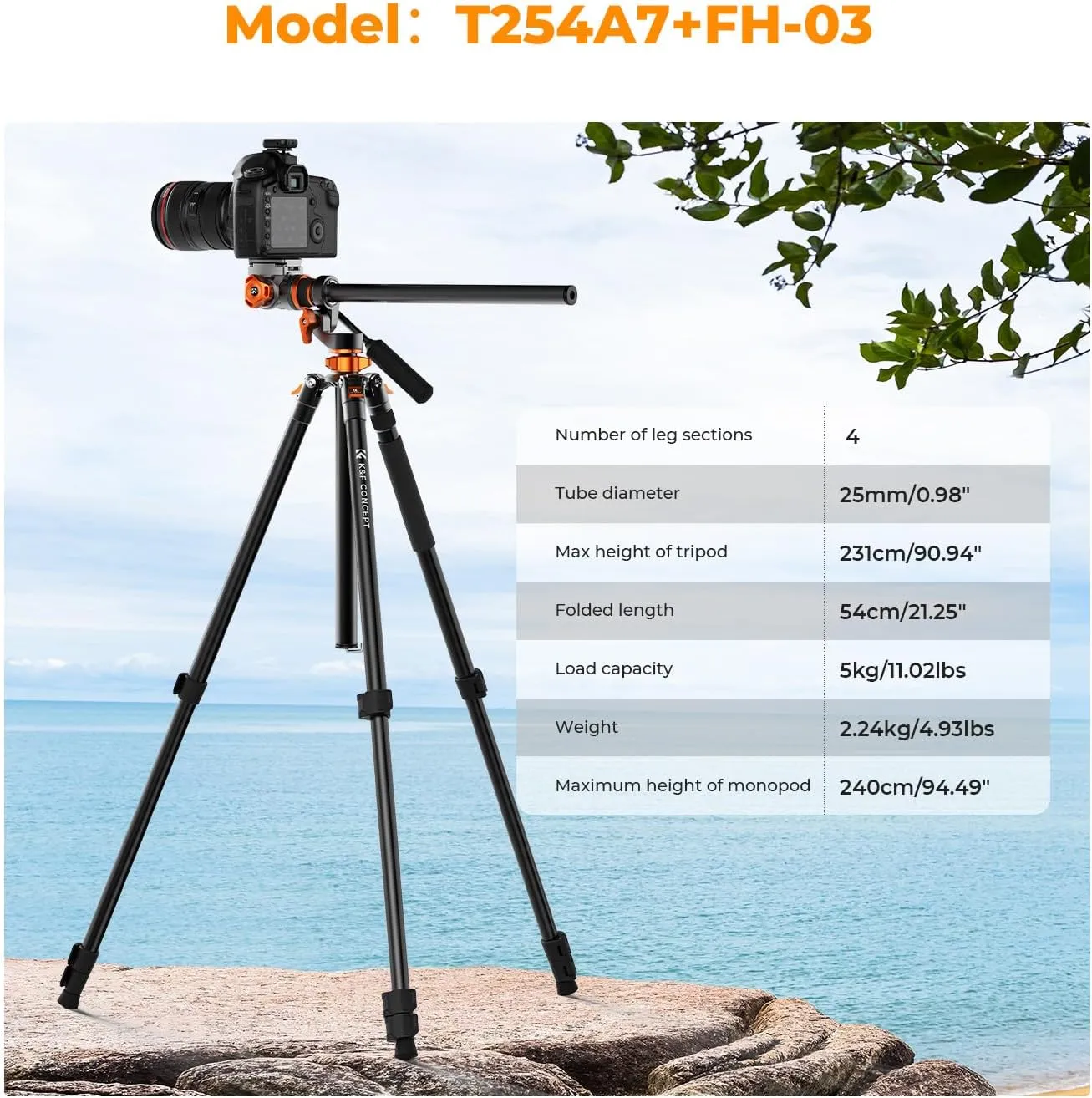 K&F Concept 90 inch/230cm Overhead Camera Tripod, Horizontal Shooting Video Tripods with Fluid Head Heavy Duty 10KG Load Capacity, Detachable Monopod, for Indoor and Outdoor Use T254A7 FH-03