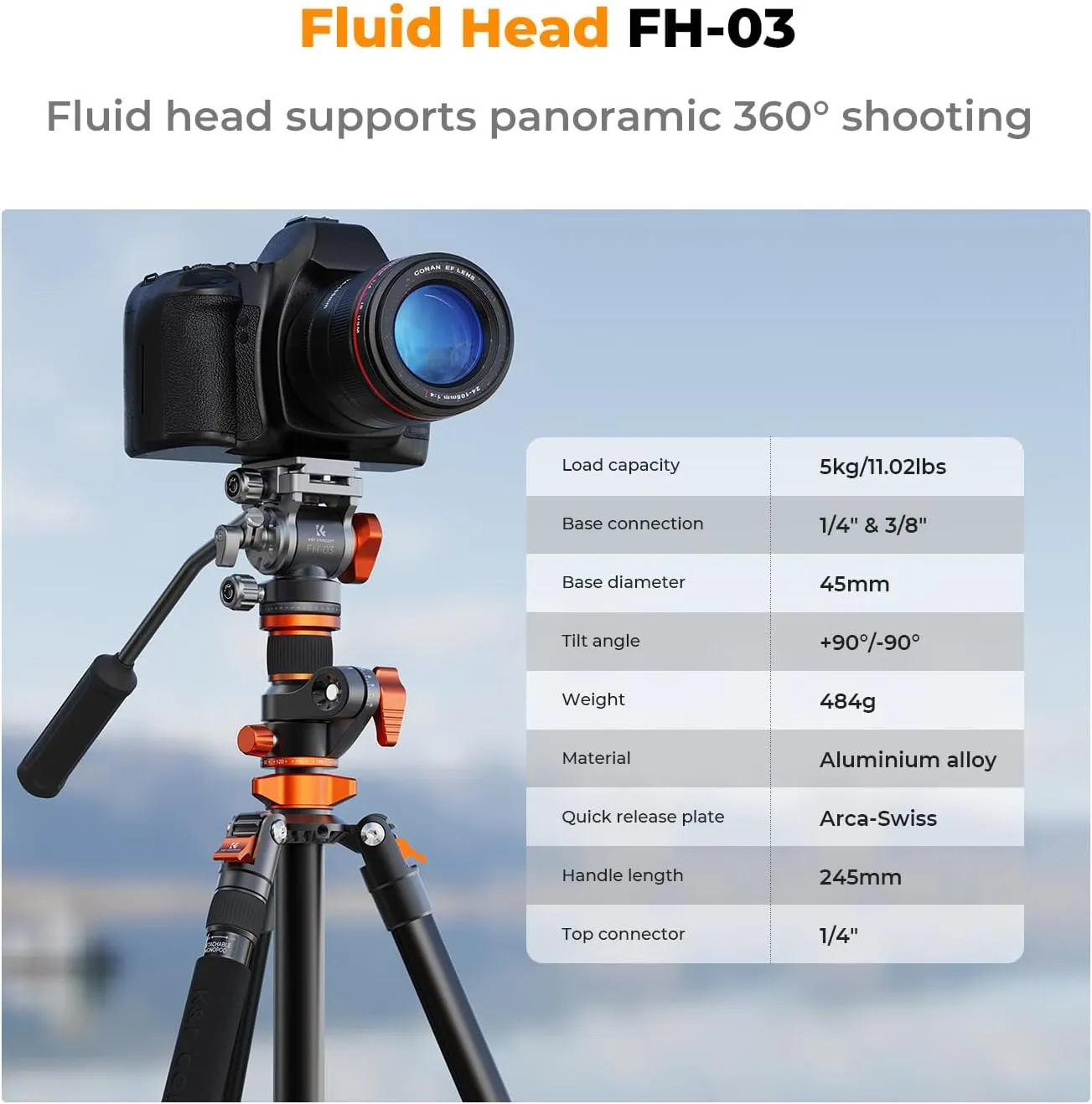 K&F Concept 90 inch/230cm Overhead Camera Tripod, Horizontal Shooting Video Tripods with Fluid Head Heavy Duty 10KG Load Capacity, Detachable Monopod, for Indoor and Outdoor Use T254A7 FH-03