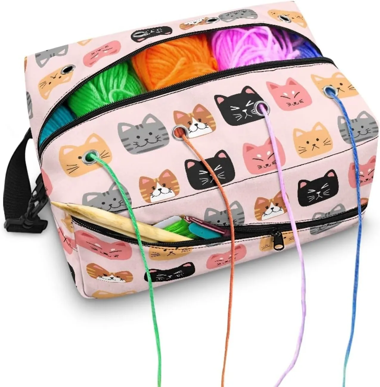 Kathyboom Cute Cats Yarn Storage Organizer with Shoulder Straps, Stain Resistant Yarn Bag, Knitting & Crochet Supplies, Holder, Gift