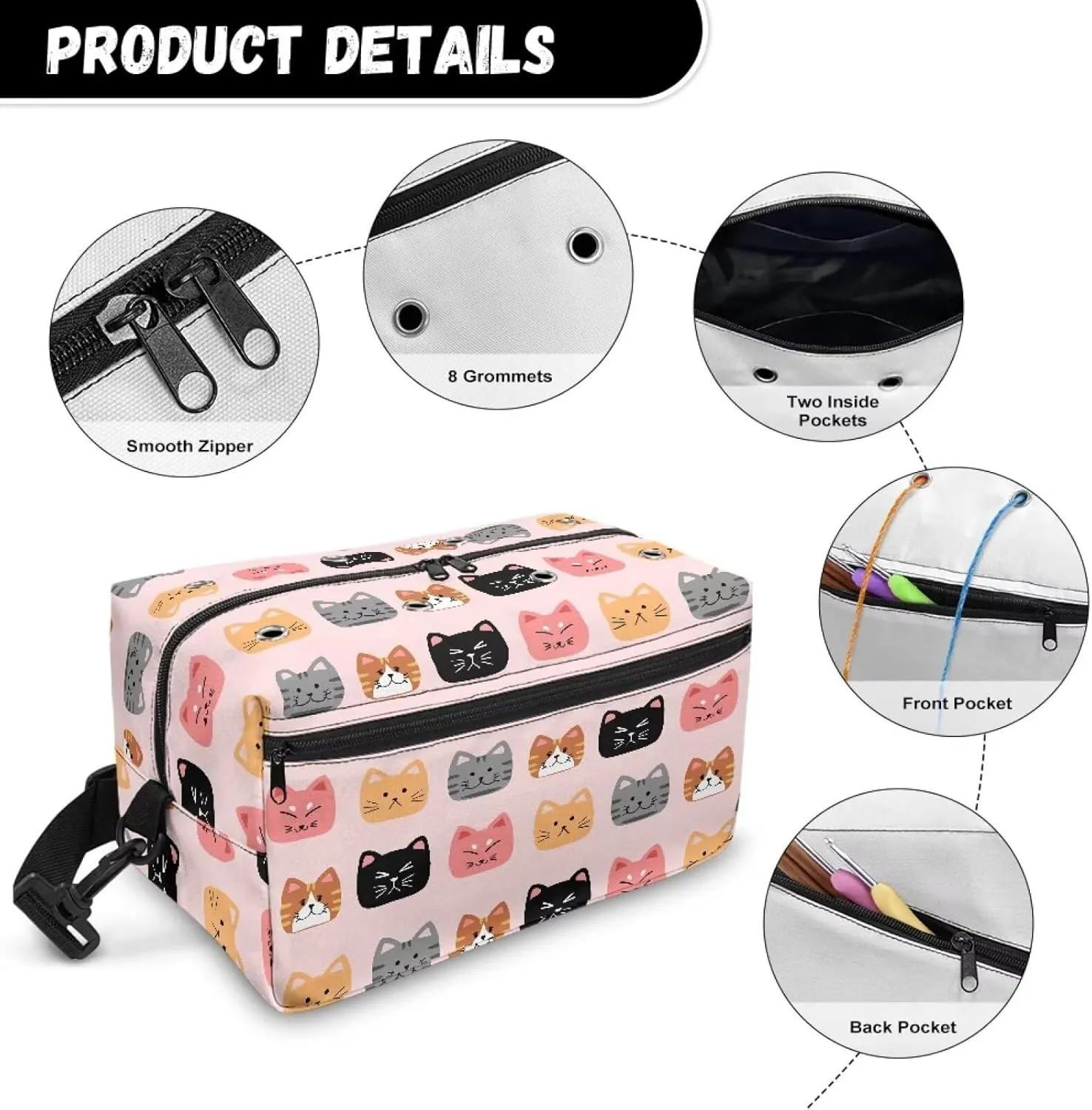 Kathyboom Cute Cats Yarn Storage Organizer with Shoulder Straps, Stain Resistant Yarn Bag, Knitting & Crochet Supplies, Holder, Gift