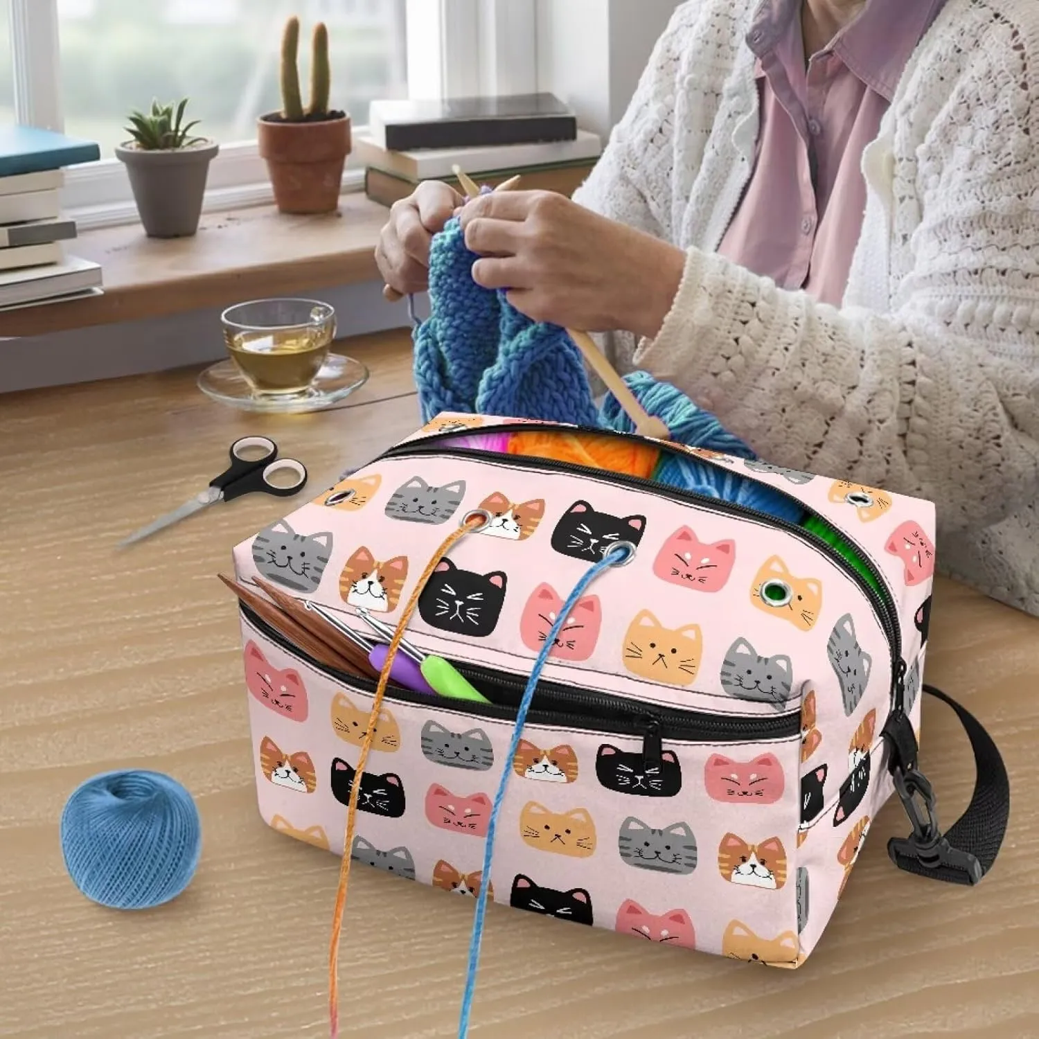 Kathyboom Cute Cats Yarn Storage Organizer with Shoulder Straps, Stain Resistant Yarn Bag, Knitting & Crochet Supplies, Holder, Gift