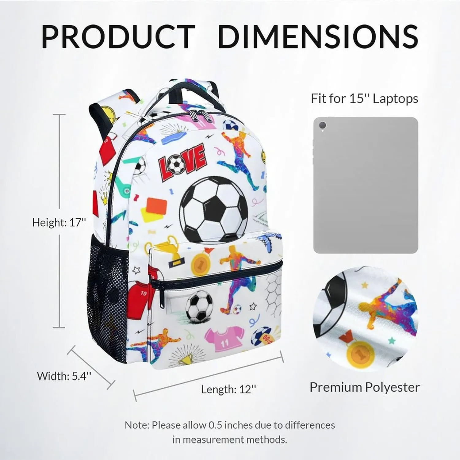 Kids Backpack - 17 Inch Soccer Bookbag for Kids, Boys & Girls - Sports Theme Backpack for Kids Youth - Elementary Middle School Bags