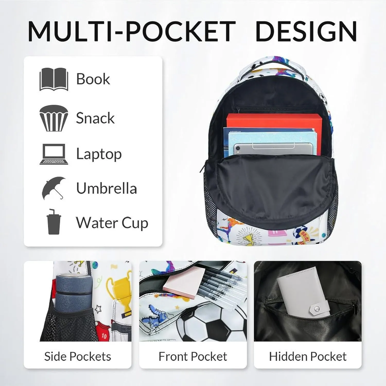 Kids Backpack - 17 Inch Soccer Bookbag for Kids, Boys & Girls - Sports Theme Backpack for Kids Youth - Elementary Middle School Bags