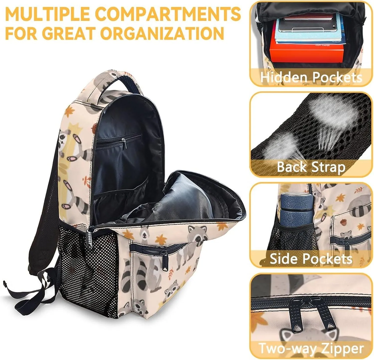Kids School Backpack - 17 Inch Cute Raccoon Bookbag for Girls Boys - Durable Preppy School Bag for Students Elementary Middle School - Casual Animal Backpacks