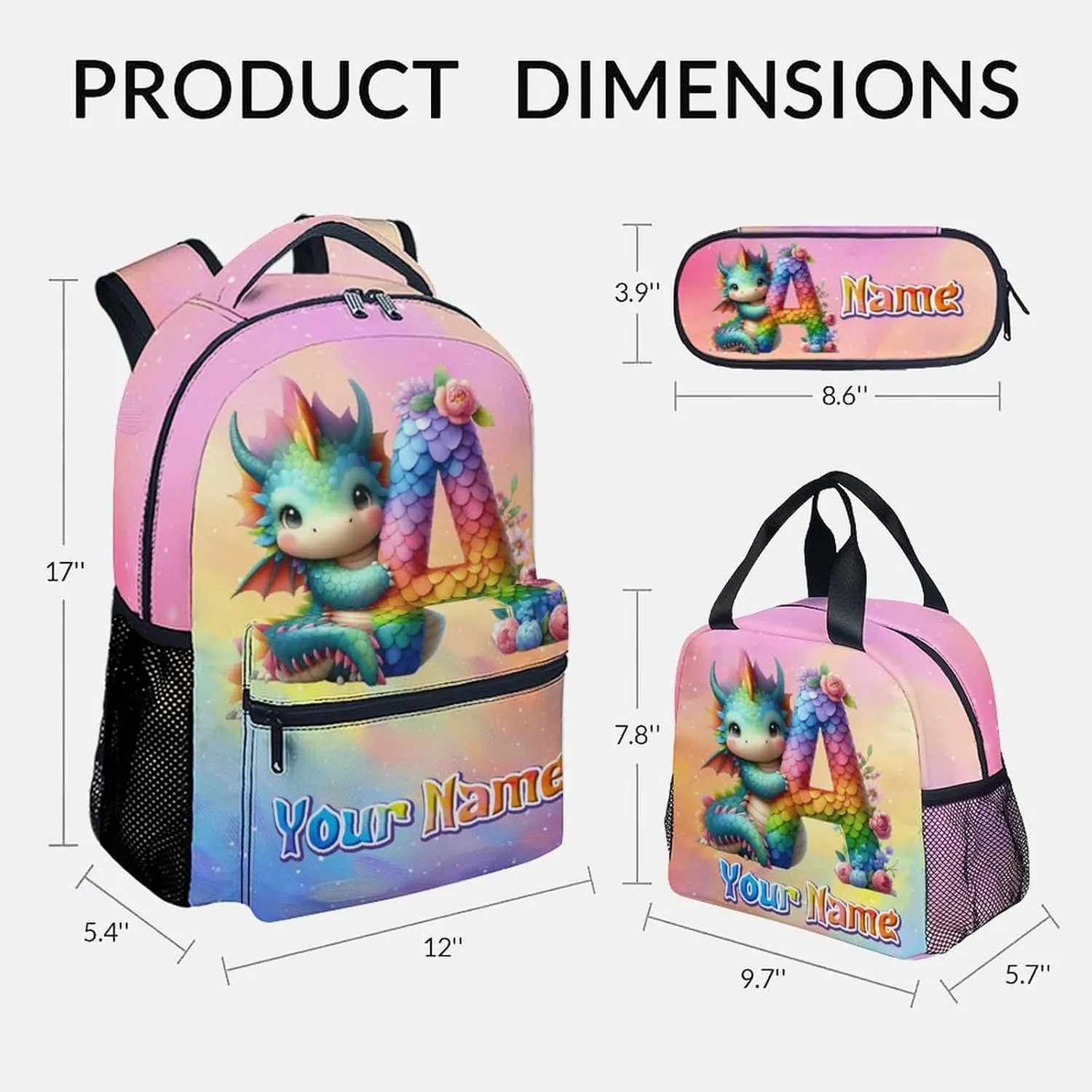 Kids School Backpack with Lunch Box, Personalized Girls Backpacks with Name, Dragon Bookbag for Primary Middle College, 17 Inch Custom Boys Bookbags with Pencil Case