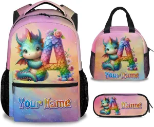 Kids School Backpack with Lunch Box, Personalized Girls Backpacks with Name, Dragon Bookbag for Primary Middle College, 17 Inch Custom Boys Bookbags with Pencil Case