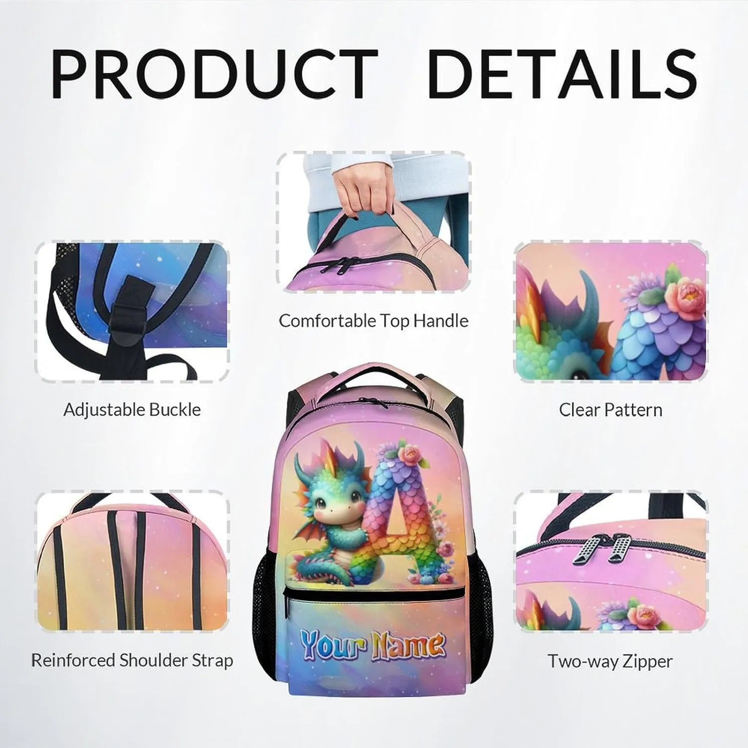 Kids School Backpack with Lunch Box, Personalized Girls Backpacks with Name, Dragon Bookbag for Primary Middle College, 17 Inch Custom Boys Bookbags with Pencil Case