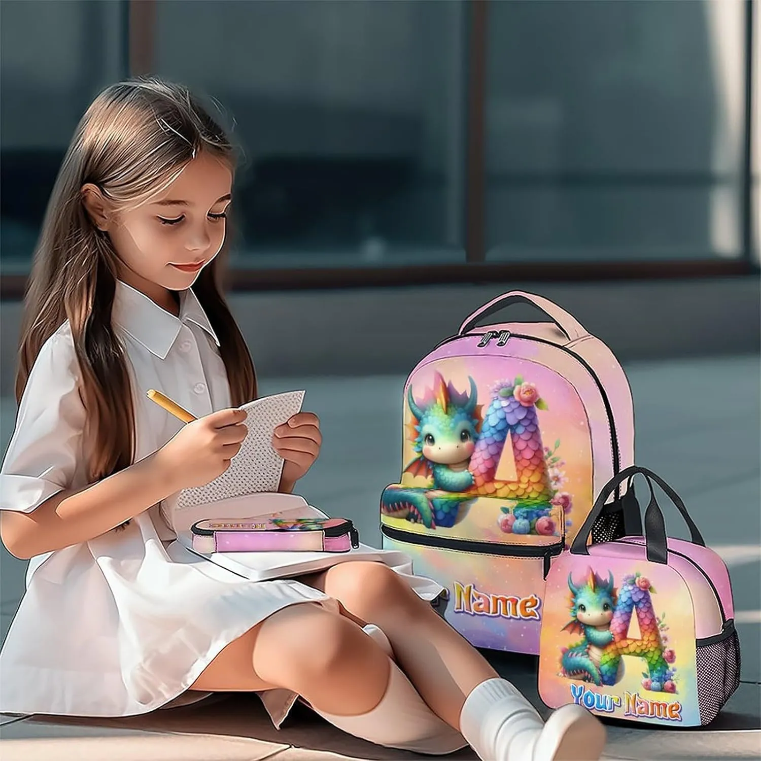 Kids School Backpack with Lunch Box, Personalized Girls Backpacks with Name, Dragon Bookbag for Primary Middle College, 17 Inch Custom Boys Bookbags with Pencil Case