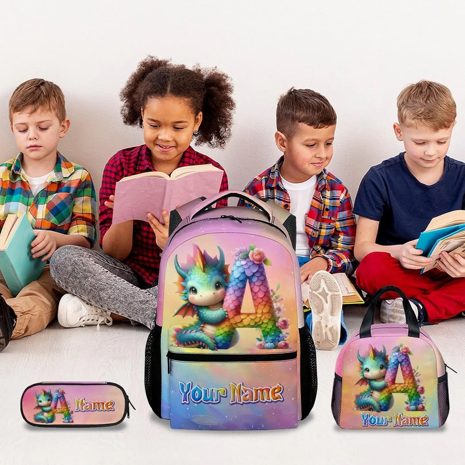 Kids School Backpack with Lunch Box, Personalized Girls Backpacks with Name, Dragon Bookbag for Primary Middle College, 17 Inch Custom Boys Bookbags with Pencil Case