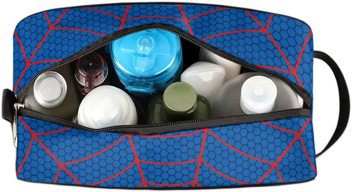 Kids Travel Toiletry Bag, Blue Spider Web Waterproof Hanging Dopp Kit for Teens Boys, Cool Switch Carrying Case Compatible with Nintendo Switch and New Switch OLED Console