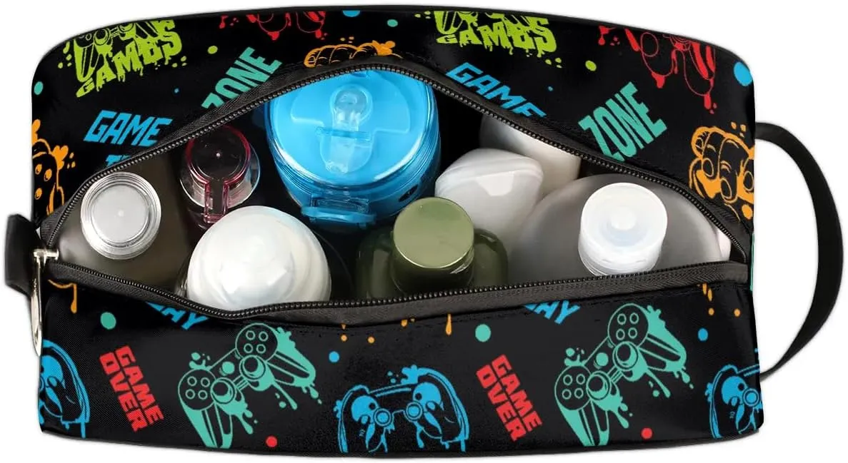 Kids Travel Toiletry Bag, Game Zone Waterproof Hanging Dopp Kit for Teens Boys, Cool Switch Carrying Case Compatible with Nintendo Switch and New Switch OLED Console