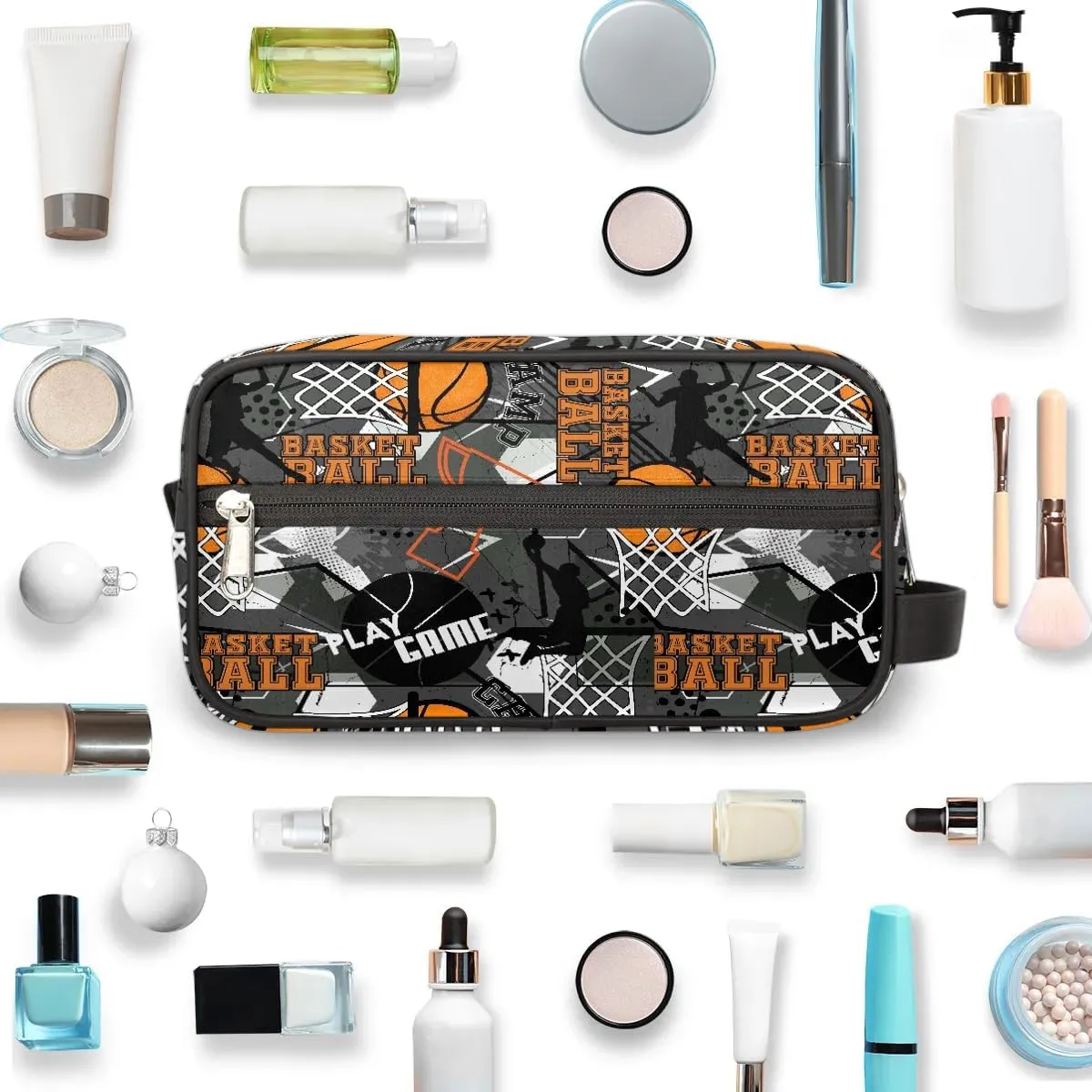 Kids Travel Toiletry Bag, Waterproof Hanging Dopp Kit for Teens Boys, Basketball Sports Switch Carrying Case Compatible with Nintendo Switch and New Switch OLED Console