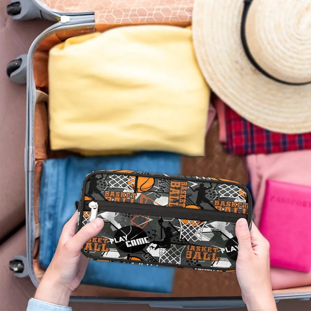 Kids Travel Toiletry Bag, Waterproof Hanging Dopp Kit for Teens Boys, Basketball Sports Switch Carrying Case Compatible with Nintendo Switch and New Switch OLED Console