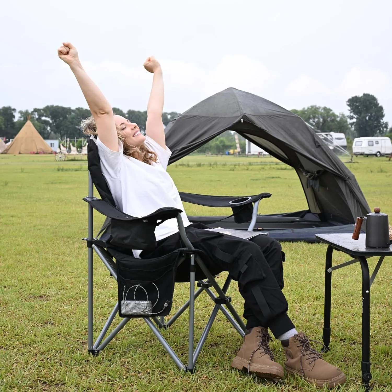KingCamp Oversized Camping Folding Chair with Lumbar Support, Heavy Duty Ergonomic Padded Arm Chair with Cooler Bag, Cup Holder, Portable for Outdoor
