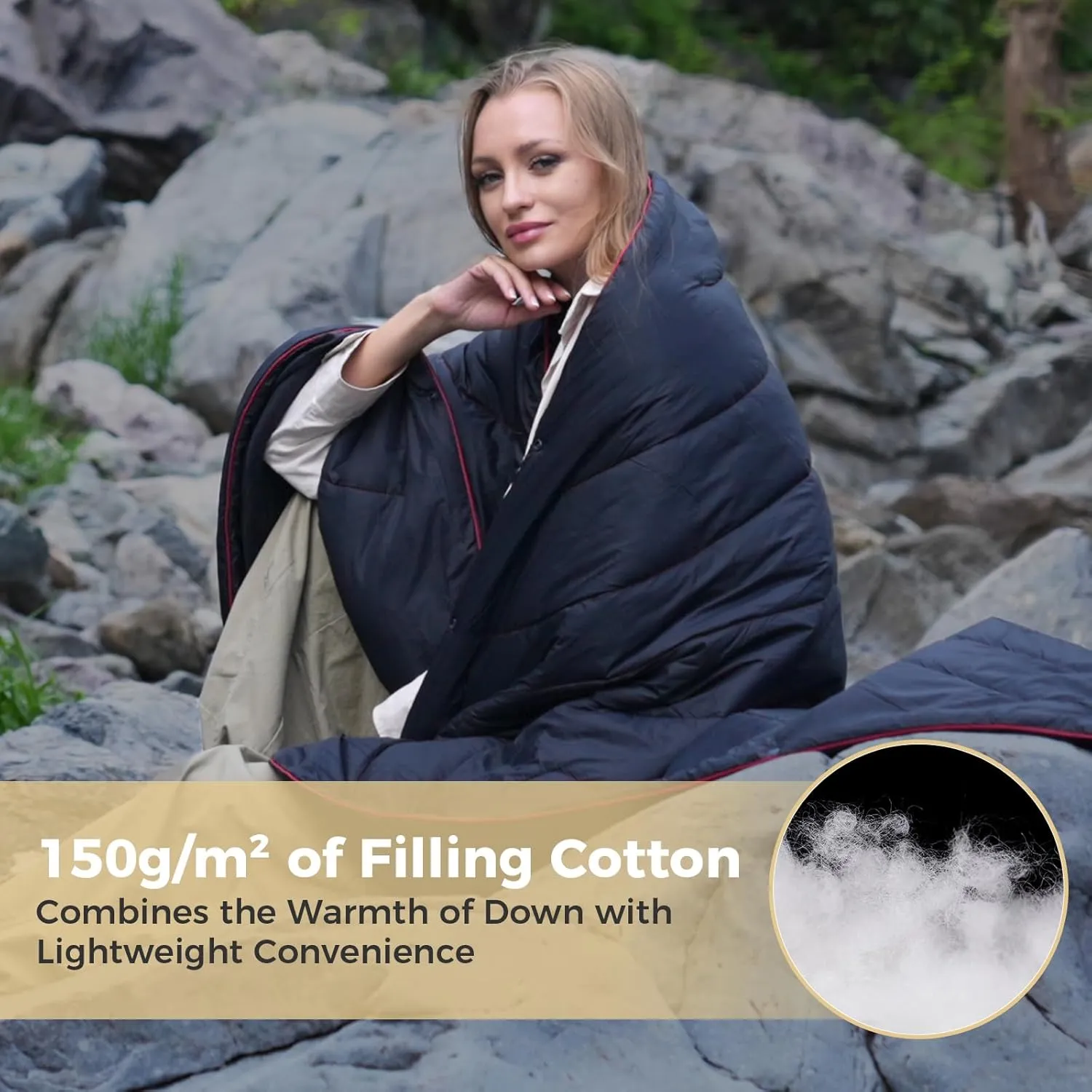 KingCamp Ultralight Camping Blanket, Packable Down Alternative Puffy Wearable Blankets Weatherproof Warm Package Quilt with Snap Buttons & Corner Loops for Outdoor, Travel, Stadium, 69 x 53” (Black)